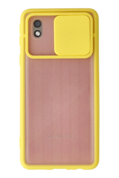Newface Samsung Galaxy A01 Core Kılıf Palm Buzlu Kamera Sürgülü Silikon - Sarı resmi