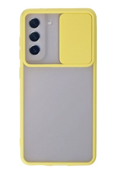 Newface Samsung Galaxy S21 FE Kılıf Palm Buzlu Kamera Sürgülü Silikon - Sarı resmi