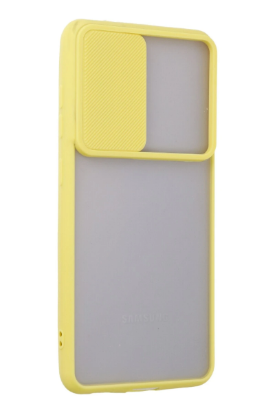 Newface Samsung Galaxy S21 FE Kılıf Palm Buzlu Kamera Sürgülü Silikon - Sarı resmi