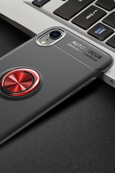 Newface iPhone XR Kılıf Range Yüzüklü Silikon - Siyah-Kırmızı resmi