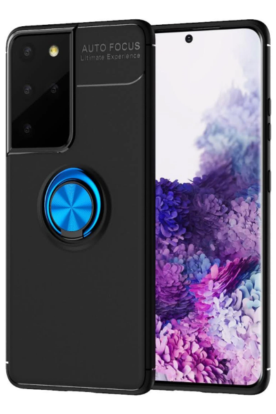 Newface Samsung Galaxy S21 Ultra Kılıf Range Yüzüklü Silikon - Siyah-Mavi resmi