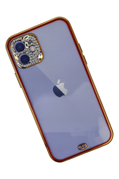 Newface iPhone 12 Kılıf Liva Taşlı Silikon - Kırmızı resmi