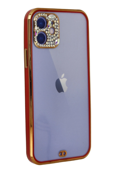 Newface iPhone 12 Kılıf Liva Taşlı Silikon - Kırmızı resmi
