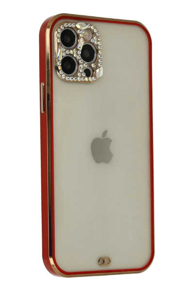 Newface iPhone 12 Pro Max Kılıf Liva Taşlı Silikon - Kırmızı resmi