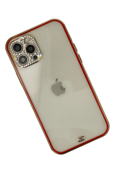 Newface iPhone 12 Pro Max Kılıf Liva Taşlı Silikon - Kırmızı resmi
