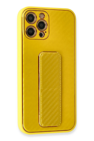 Newface iPhone 12 Pro Kılıf Coco Karbon Standlı Kapak - Sarı resmi