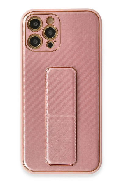 Newface iPhone 12 Pro Kılıf Coco Karbon Standlı Kapak - Pembe resmi