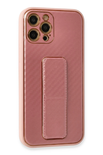 Newface iPhone 12 Pro Kılıf Coco Karbon Standlı Kapak - Pembe resmi