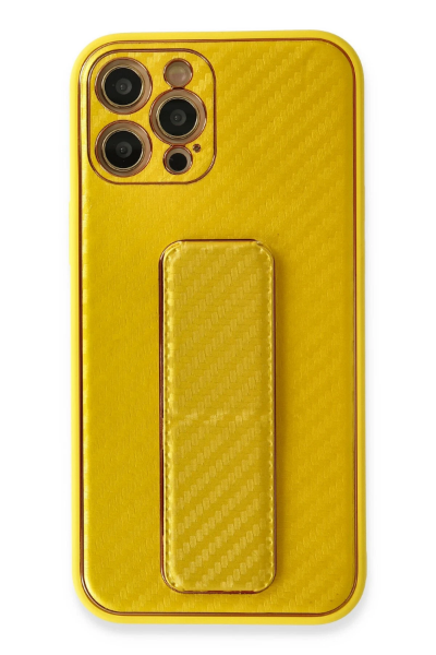 Newface iPhone 12 Pro Max Kılıf Coco Karbon Standlı Kapak - Sarı resmi
