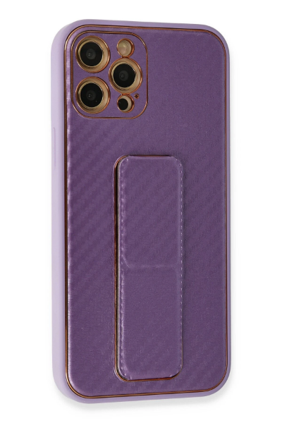 Newface iPhone 12 Pro Max Kılıf Coco Karbon Standlı Kapak - Mor resmi