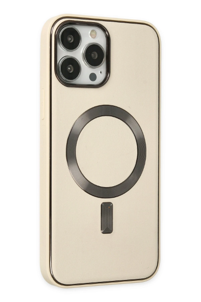 Newface iPhone 13 Pro Max Kılıf Coco Deri Magneticsafe Silikon - Krem resmi