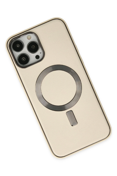 Newface iPhone 13 Pro Max Kılıf Coco Deri Magneticsafe Silikon - Krem resmi