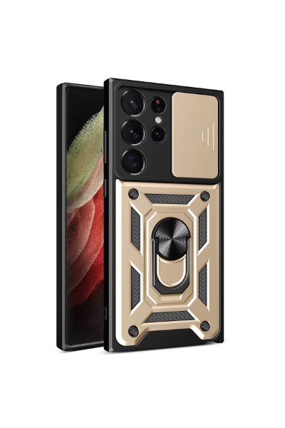 Newface Samsung Galaxy S23 Ultra Kılıf Pars Lens Yüzüklü Silikon - Gold resmi