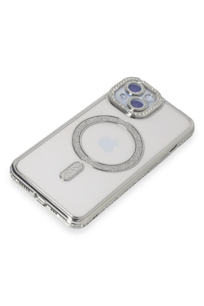 Newface iPhone 15 Kılıf Joke Simli Magneticsafe Kılıf - Gümüş resmi
