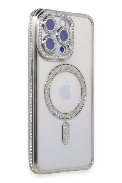 Newface iPhone 15 Pro Max Kılıf Joke Simli Magneticsafe Kılıf - Gümüş resmi