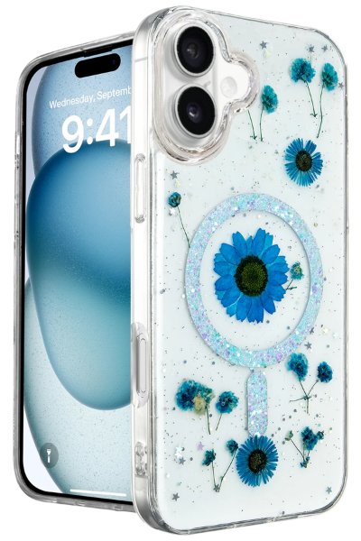 Newface iPhone 16 Kılıf Daisy Simli Magsafe Kapak - Mavi resmi