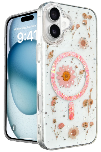 Newface iPhone 16 Kılıf Daisy Simli Magsafe Kapak - Pembe resmi