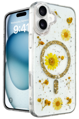 Newface iPhone 16 Kılıf Daisy Simli Magsafe Kapak - Gold resmi