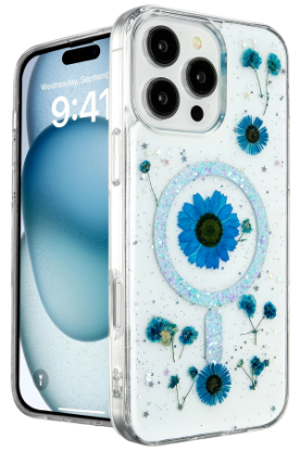 Newface iPhone 16 Pro Kılıf Daisy Simli Magsafe Kapak - Mavi resmi