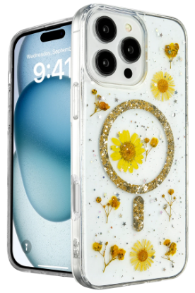 Newface iPhone 16 Pro Kılıf Daisy Simli Magsafe Kapak - Gold resmi