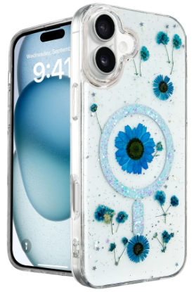 Newface iPhone 16 Plus Kılıf Daisy Simli Magsafe Kapak - Mavi resmi