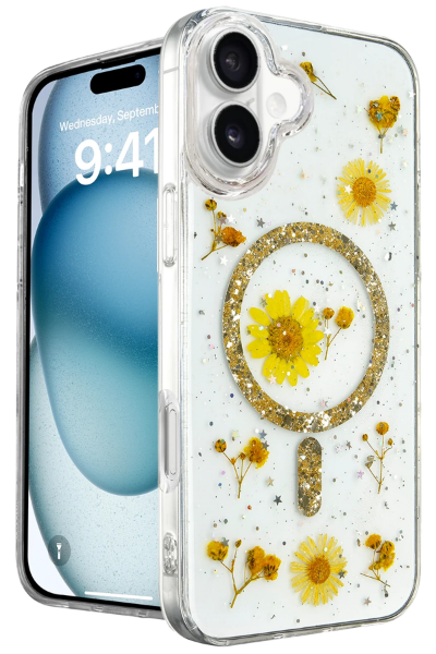 Newface iPhone 16 Plus Kılıf Daisy Simli Magsafe Kapak - Gold resmi