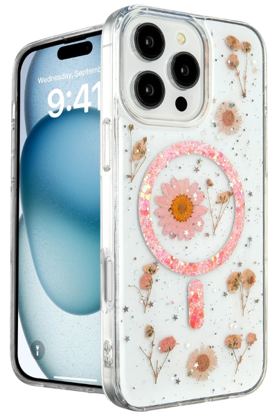 Newface iPhone 16 Pro Max Kılıf Daisy Simli Magsafe Kapak - Pembe resmi