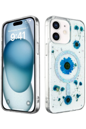 Newface iPhone 12 Kılıf Daisy Simli Magsafe Kapak - Mavi resmi