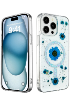 Newface iPhone 14 Pro Kılıf Daisy Simli Magsafe Kapak - Mavi resmi