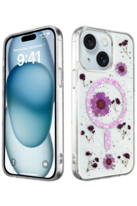 Newface iPhone 15 Kılıf Daisy Simli Magsafe Kapak - Mor resmi