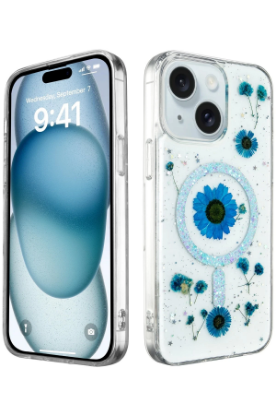 Newface iPhone 15 Kılıf Daisy Simli Magsafe Kapak - Mavi resmi