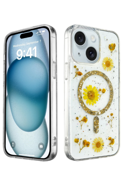 Newface iPhone 15 Kılıf Daisy Simli Magsafe Kapak - Gold resmi