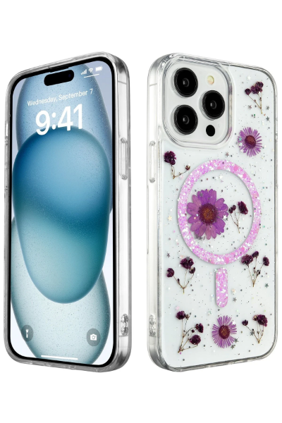 Newface iPhone 15 Pro Kılıf Daisy Simli Magsafe Kapak - Mor resmi
