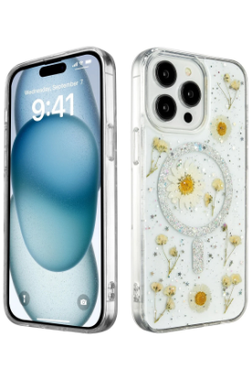 Newface iPhone 15 Pro Kılıf Daisy Simli Magsafe Kapak - Gümüş resmi