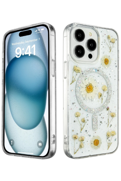 Newface iPhone 15 Pro Max Kılıf Daisy Simli Magsafe Kapak - Gümüş resmi