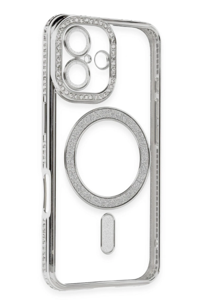 Newface iPhone 16 Kılıf Joke Simli Magneticsafe Kılıf - Gümüş resmi