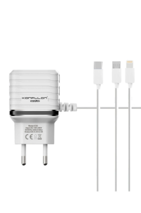 Konfulon C33 Hızlı Şarj Cihazı 3in1 (Dahili Lightning Kablo iphone Uyumlulu) resmi