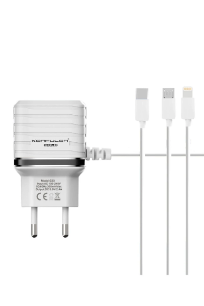 Konfulon C33 Hızlı Şarj Cihazı 3in1 (Dahili Lightning Kablo iphone Uyumlulu) resmi