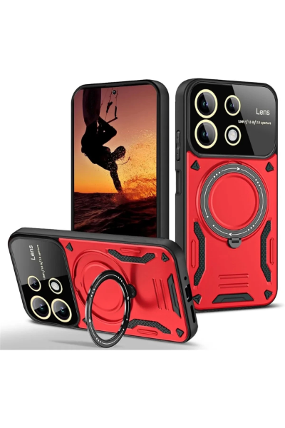 Newface Xiaomi Redmi 13 4G Kılıf Joy Lens Standlı Kapak - Kırmızı resmi