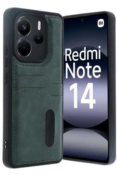 Newface Xiaomi Redmi Note 14 4G Kılıf Sara Kartvizitli Deri Kılıf - Koyu Yeşil resmi