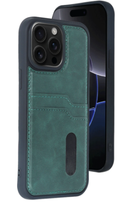 Newface iPhone 15 Pro Max Kılıf Sara Kartvizitli Deri Kılıf - Koyu Yeşil resmi